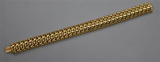 A continental yellow metal demi lune fancy link bracelet, 21cm.